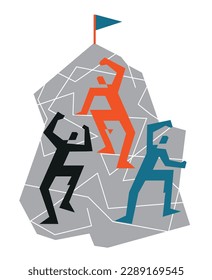 Tres escaladores en una pared de roca.
Estilizado geométrico Ilustración de la actividad montañista. Aislado sobre fondo blanco. Vector disponible.
