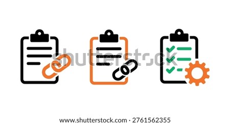 Of three clipboard with link and gear checklist documents in white background