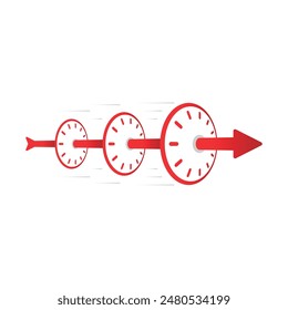 three clock dials and red arrow sign. time management concept. Red arrow sign piercing the clocks