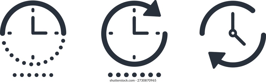 Tres iconos de reloj con flechas y líneas de puntos que representan funciones de cuenta regresiva, actualización e historial de tiempo