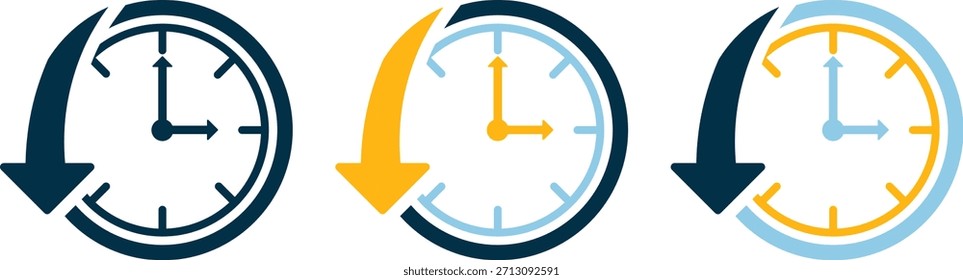 Tres iconos de reloj con flechas curvas, cada uno mostrando 3:00. Estilizado para representar el paso del tiempo, la programación o las rutinas cíclicas. Ideal para productividad, planificación o efectos visuales de flujo de trabajo.