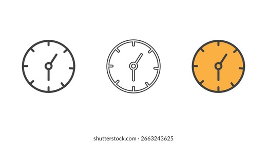 Three clock icons, each with a different style: outline, filled, and colored. The clocks have hands indicating time.