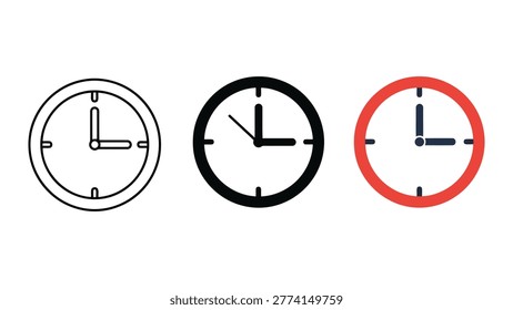 Three Clock Icons Showing Different Styles: Outline, Solid Black, and Red Border, Vector Illustration