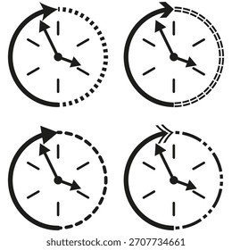 Drei Uhrensymbole. Gliederungszeitgrafik. Minimalistisches Vektorsymbol. Schwarzweißgrafik.