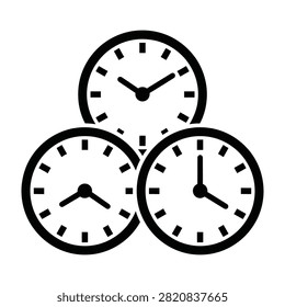 Three clocks stacked together showing different times, concept of time management, schedules, and organization