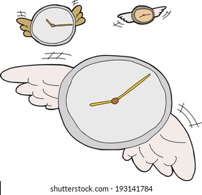 Three clocks with wings flying over white background