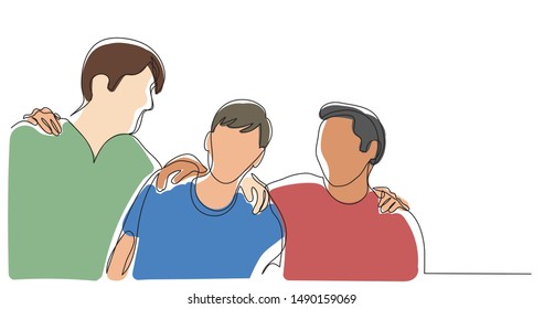 three close friends hugging each other - one line drawing