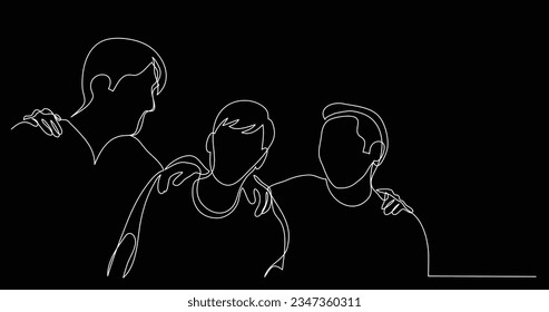 three close friends hugging each other - one line drawing