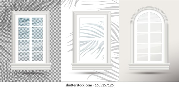 Tres ventanas de vidrio realistas cerradas con efecto superpuesto de sombras. Ilustración vectorial. Elemento de diseño de la arquitectura. Hojas y marcos de ventana.