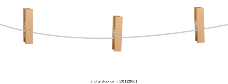 Three clothes pins on a clothes line rope - wooden pegs holding nothing.