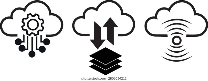 Three cloud icons with gear circuit and arrows on white background
