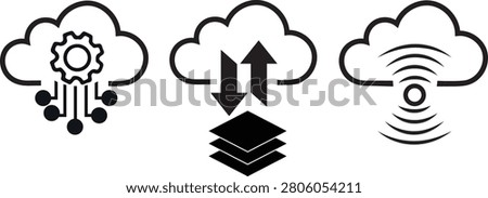 Three cloud icons with gear circuit and arrows on white background