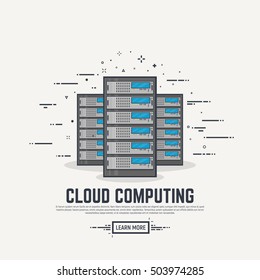 Three cloud servers. Thick lines and flat style illustration. Server with display and abstract lines.