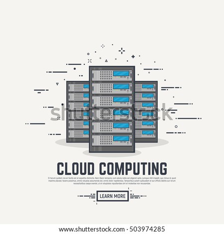 Three cloud servers. Thick lines and flat style illustration. Server with display and abstract lines.