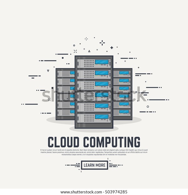 3台のクラウドサーバ 太い線と平らなスタイルのイラスト 表示と抽象的な行を含むサーバー のベクター画像素材 ロイヤリティフリー