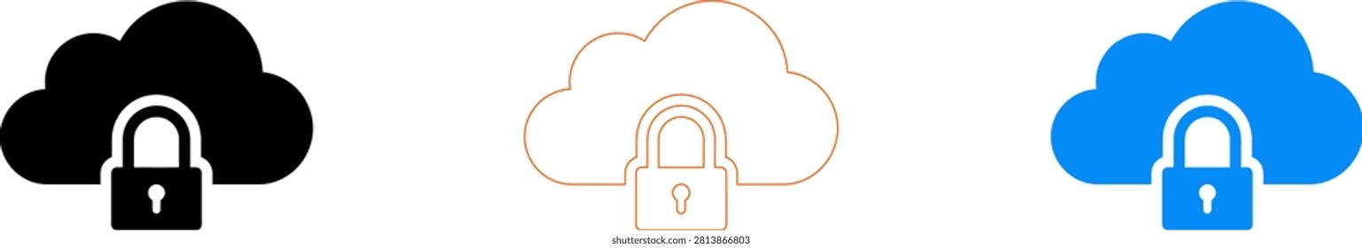 Three cloud storage icons with lock symbols in different colors isolated on transparent background, Vector