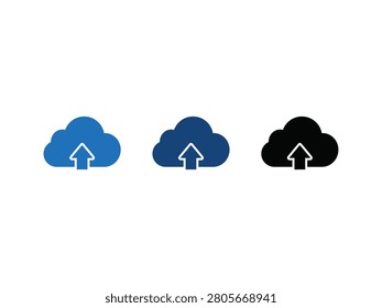 Three cloud upload icons in blue and black variations with upward arrows symbolizing data transfer