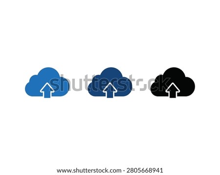 Three cloud upload icons in blue and black variations with upward arrows symbolizing data transfer