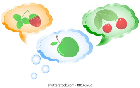 Three clouds cast shadows and green apple, cherry berry, strawberry
