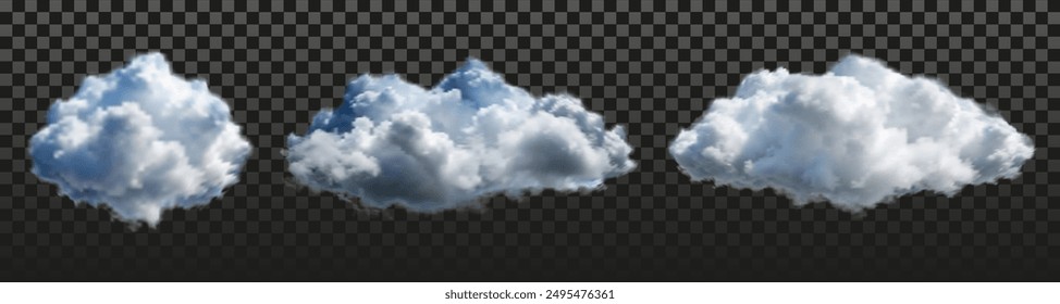 Three clouds in the sky with a blue sky background. The clouds are fluffy and white