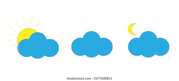 three clouds, sun, moon on a white background,