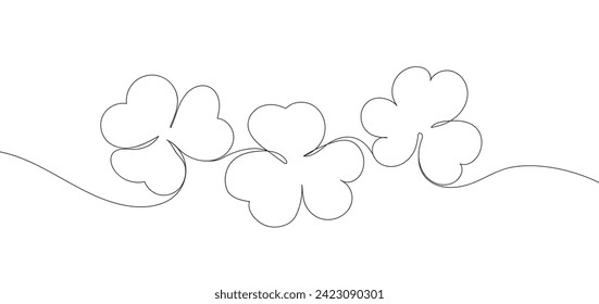 Three clovers contour vector illustration. Good luck floral symbol isolated on white background. Saint Patrick's Day banner continuous line art . Three Shamrock outline.