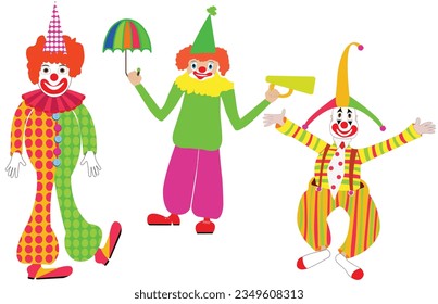 Three clown characters walking funny with umbrella  and speaking tube; three harlequins with different activities; wlaking funny, playing with small umbrella and speaking-tube