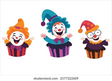 Three clown cupcakes on white background