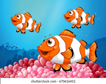 Three clownfish under the ocean illustration