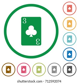 Three of clubs card flat color icons in round outlines on white background