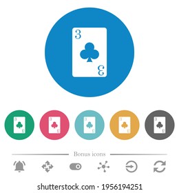 Three of clubs card flat white icons on round color backgrounds. 6 bonus icons included.