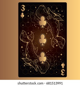 Three of clubs. Playing card with original design on the theme of space.