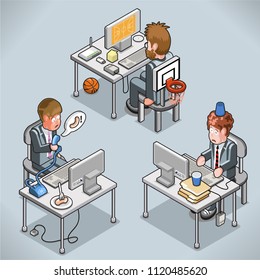 Three clueless businessmen: falling asleep in mummfied plants, working on a chart, staring at burning monitor (isometric vector illustration)