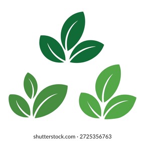 Três aglomerados de folhas verdes, representando a natureza, o crescimento e os elementos orgânicos. Esses ícones são simples e estilizados.