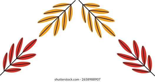 Three clusters of stylized autumn leaves form a triangular arrangement. The leaves are illustrated with bold outlines and vibrant hues. Cartoon vector illustration.