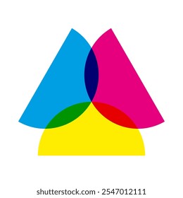 Three CMY semicircles, colour mix icon. An arrangement of half-circles in cyan, magenta and yellow. Isolated on a white background.