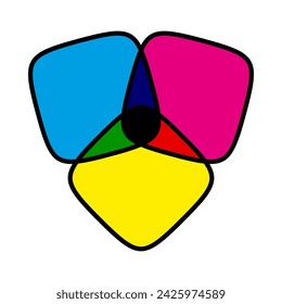 Three CMYK squircle stroke shape icon. Cyan, magenta and yellow curved squares with a black outline. Isolated on a white background.