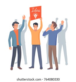 Three co workers raise banner with lamp up as symbol of new idea on white background. Cooperation in teamwork vector illustration