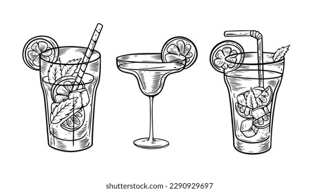 Three cocktails monochrome engraving style vector art illustration isolated on white background.