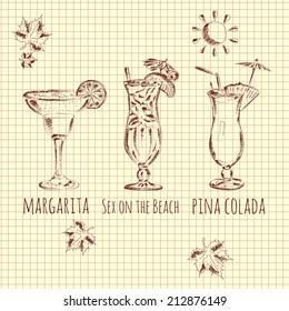 three cocktails for the restaurant menu, pina colada, margarita, sex on the beach
