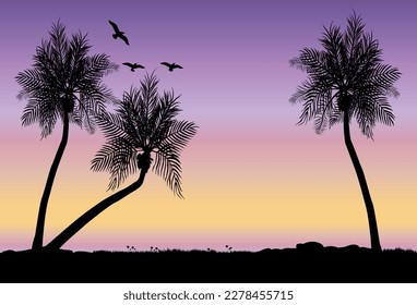 three coconut trees in the purple sunset with birds flying above