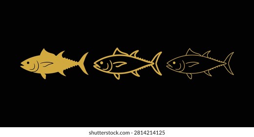 Three cod fish icons in distinct golden artistic styles for freepik frame