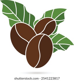 
Tres granos de café y el símbolo del logotipo del icono de las hojas