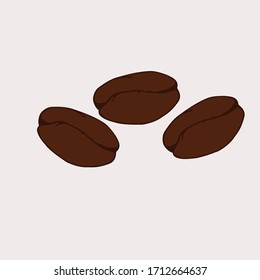 Tres granos de café en un fondo azul claro.