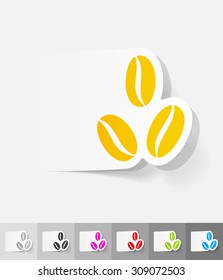 three coffee beans paper sticker with shadow. Vector illustration