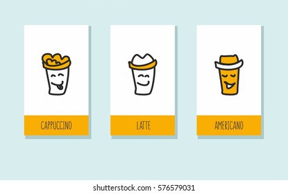 Three coffee beverage on a white background. Cappuccino, latte and Americano with different emotions and character