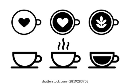 Three coffee cup icons with latte art and steam effects