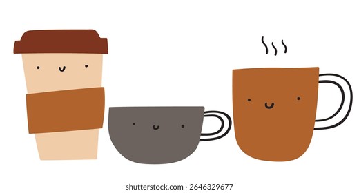 Three coffee cups. Cute funny characters. Flat vector design. Illustration on white background.