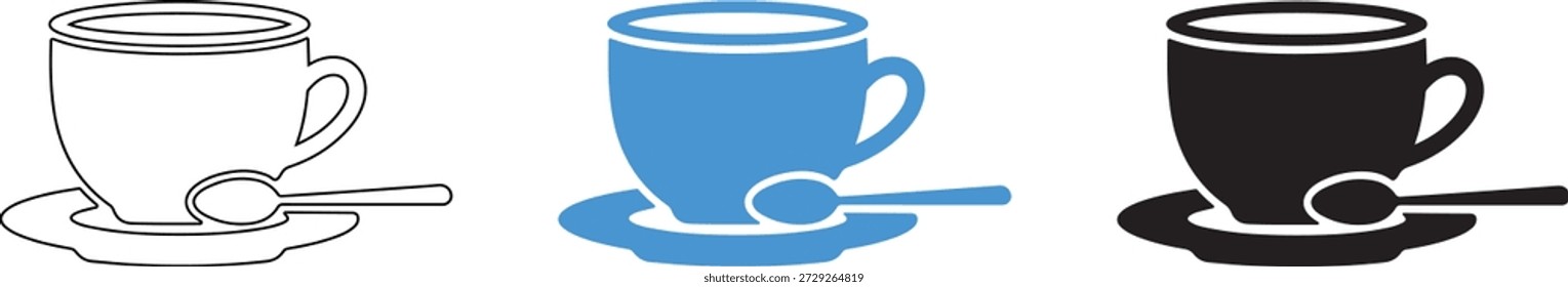 Três xícaras de café em cores diferentes no pires e colher