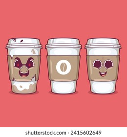 Three coffee cups with different expressions vector illustration. Drink, brand design concept.